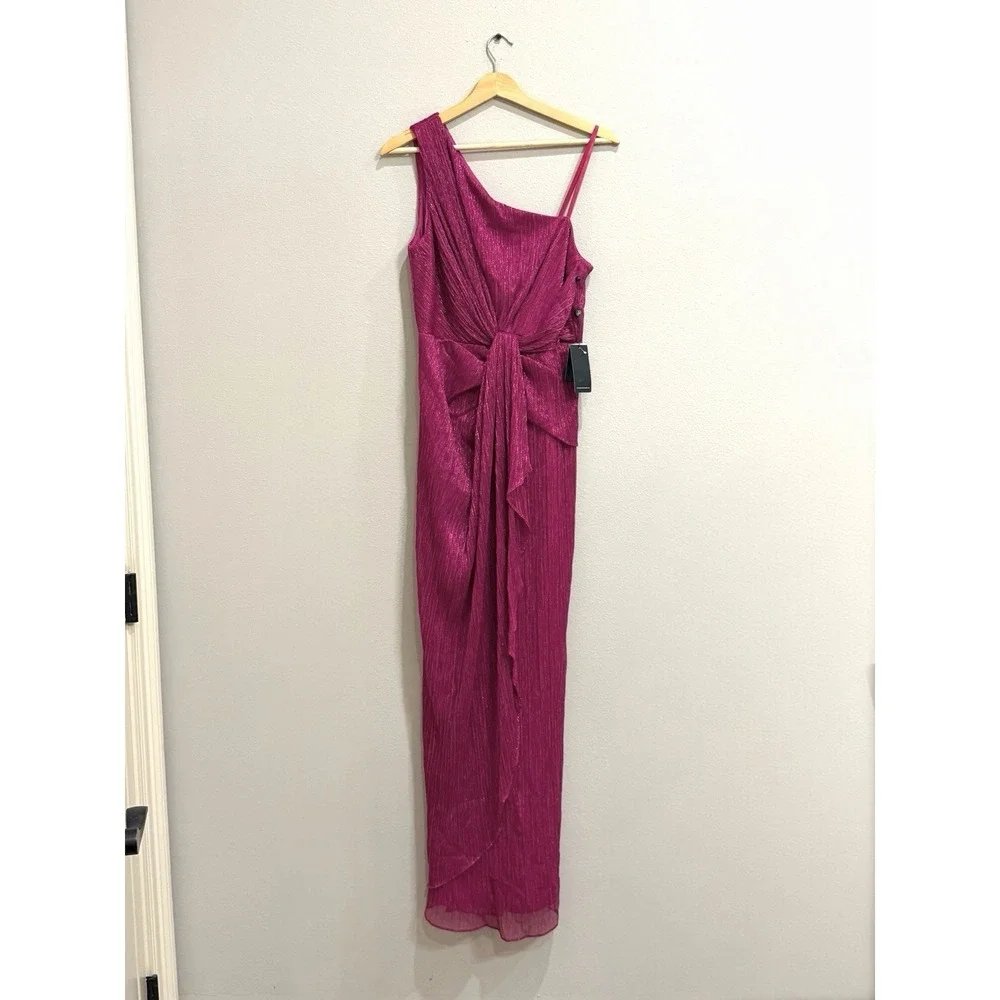 Adrianna Papell Stardust One-Shoulder Gathered Gown Magenta Pink Size 10 - Picture 3 of 16